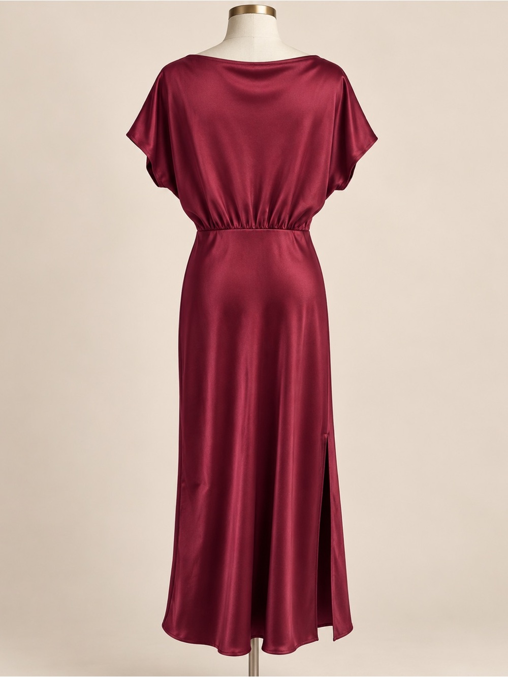 Burgundy Satin Blouson Maxi Dress Side Slit Size S Made in USA - Picture 2 of 11